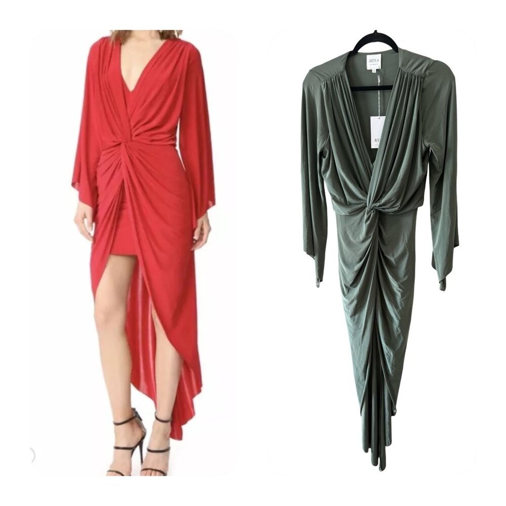 Nwt Misa Los Angeles Teget V-Neck Drape Long Sleeve High-Low Midi Dress Xs/S